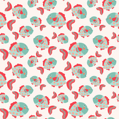 Obraz premium Seamless fish pattern in cute cartoon style. Playful marine background in mint and coral tones. Kids friendly ocean vector design for textile, fabric, nursery decor, wrapping paper and baby products