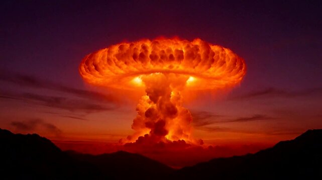 A dramatic explosion creates a vivid mushroom cloud against a sunset sky, symbolizing power and destruction.