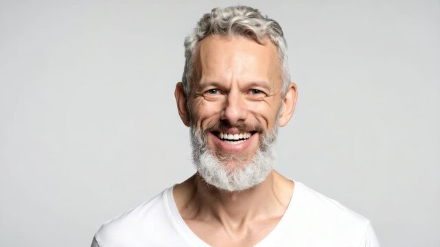 Portrait of a joyful mature man with silver hair and groomed white beard laughing on a light gray background