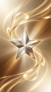Polished silver five-pointed star shines brightly against an abstract background of swirling golden light and elegant glowing energy waves.