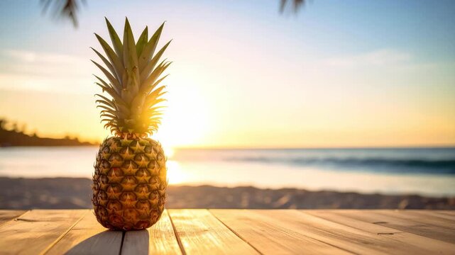 Fresh tropical pineapple fruit on a wooden terrace overlooking the ocean during a golden sunset hour at the beach