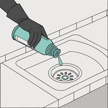 Person wearing gloves pouring drain cleaner into a sink.