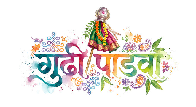 Indian traditional festival Gudi Padwa hindi typography on background.