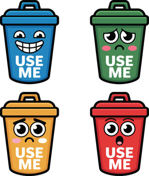 Four smiling trash bins with expressive faces and labels