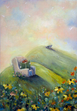 oOl painting of a child reading in an armchair on a green hill with wildflowers