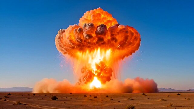 Powerful fiery explosion with mushroom cloud rising above barren desert under clear blue sky.