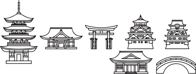 Fototapeta premium Black and white line of various traditional japanese buildings and structures pagoda temple d