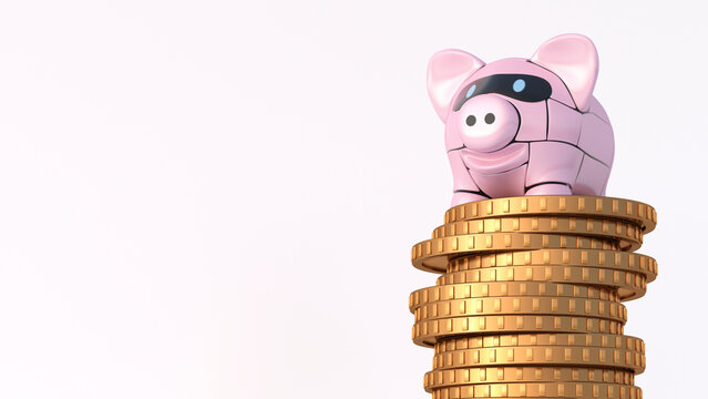 Rendering of pink robot piggy bank on top of stack of coins