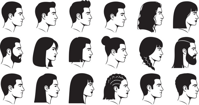 Collection of black and white line of different hairstyles and head shapes from side view des