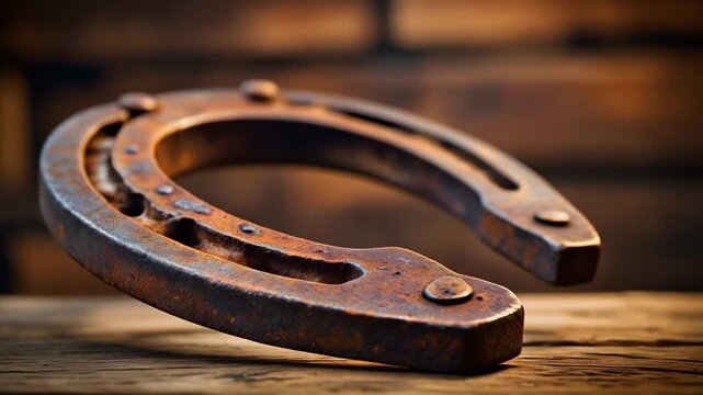 Antique rusty metal horseshoe isolated on a vintage brown wooden surface as a close up object