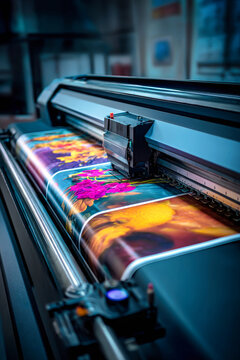 In a contemporary print shop, a state-of-the-art printer produces a vibrant poster covered in stylish black vinyl, showcasing detailed, colorful graphics