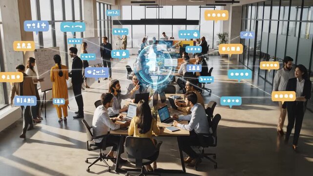 Diverse Team Collaborates In Modern Office With Digital Connections
