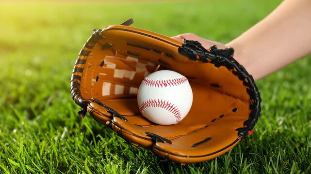 Child holding a brown leather baseball glove with a white ball on green grass in bright summer sunlight