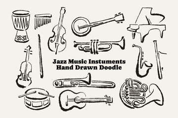 Jazz Music Instrument Hand Drawn Doodle Set, with ink scribble style Vector Collections © Puake