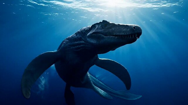 A prehistoric marine reptile swims gracefully under blue water with dramatic sunlight rays above.