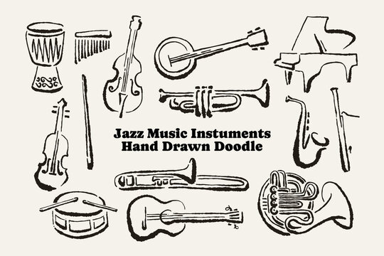 Jazz Music Instrument Hand Drawn Doodle Set, with ink scribble style Vector Collections