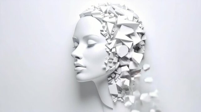 Minimalist abstract white sculpture of a female face shattering into geometric triangular fragments on a clean background