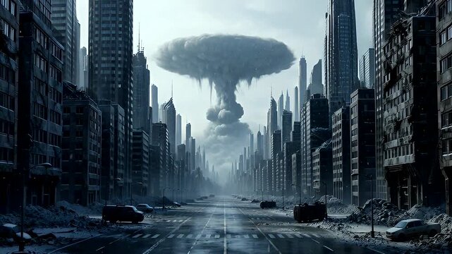 Deserted city street with ruined buildings and a massive explosion in the distant sky.