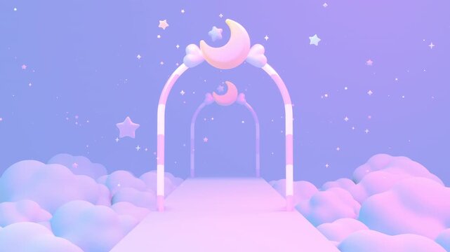 Passing through pastel moon corridor on clouds animation. (loop)