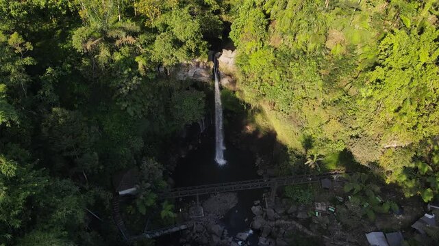 Drone Footage of Curug Telu Waterfall at Sunset, Central Java Indonesia