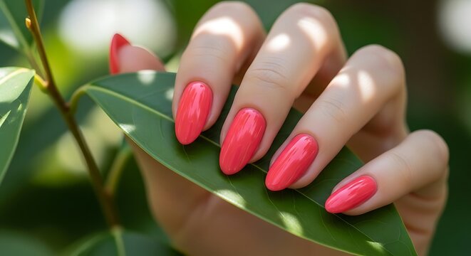 Close-up of a hand with bright coral-red painted fingernails gently touching a lush green leaf, showcasing a natural beauty and skincare concept