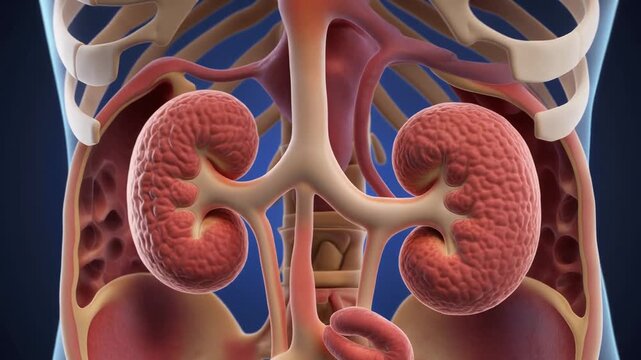 Detailed anatomical illustration of human kidneys, renal arteries and veins visible, ureters extending to bladder, rib cage and spine included, accurate educational rendering of urinary system.