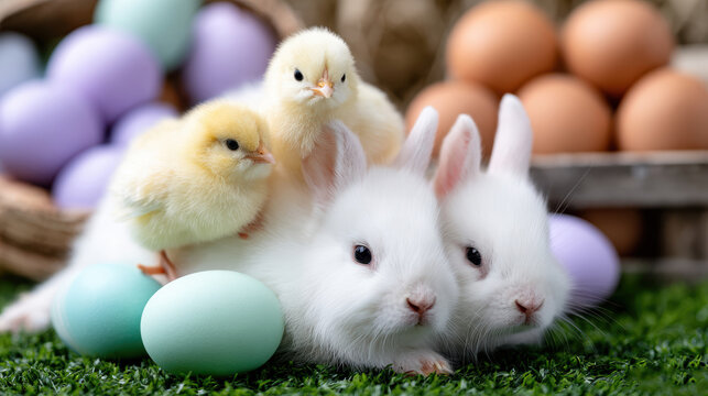Two white baby rabbits with yellow chicks and pastel eggs on grass for easter holiday spring greeting card background