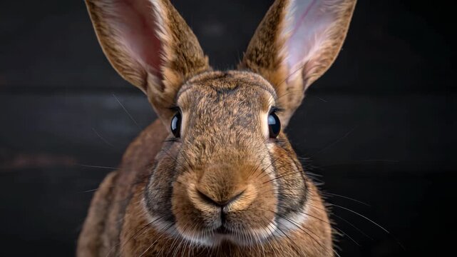 Close up portrait of a brown domestic rabbit looking at camera with long ears against a dark background