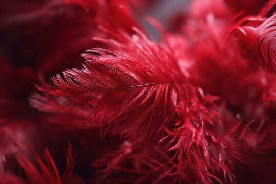 red burlesque feathers close up texture, soft feather detail with dramatic lighting creating luxurious cabaret atmosphere concept for theatre culture, costume design, and vintage stage aesthetics