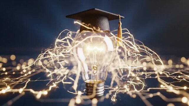 Glowing light bulb with graduation cap symbolizes knowledge and innovation.