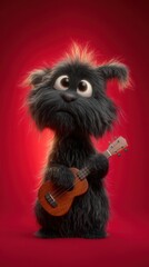 Fototapeta premium Black Adorable Fluffy Dog Playing Guitar on Red Background.
