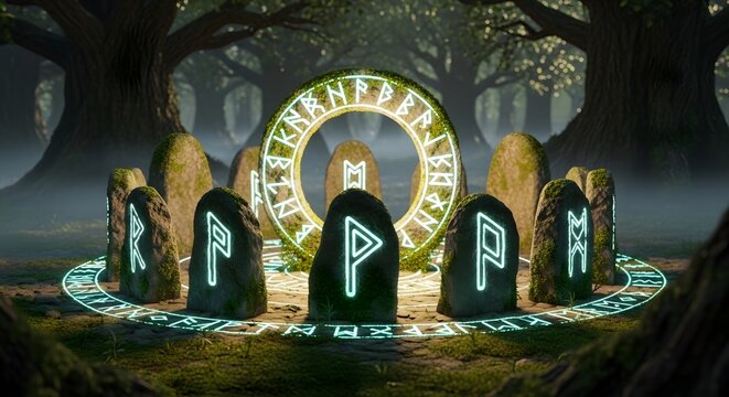 Mystical Glowing Rune Portal in a Dark Enchanted Forest