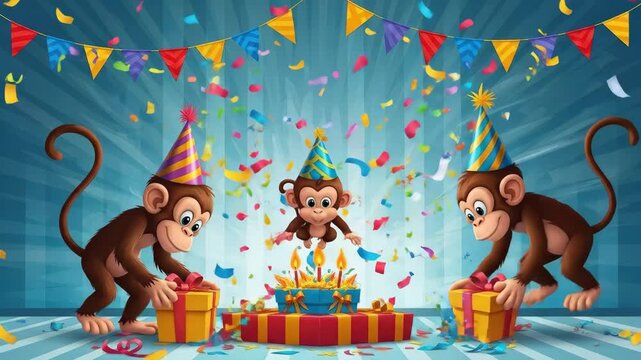Cartoon monkeys celebrate birthday with cake and confetti