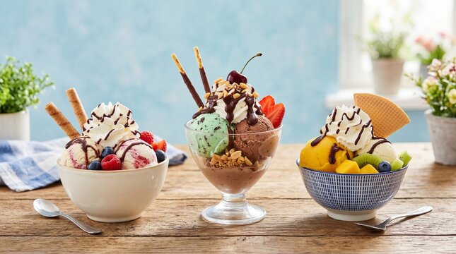 Three colorful ice cream sundaes with fruit chocolate and whipped cream