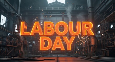 Labour Day glowing orange text in a dark, industrial factory setting with sparks and smoke, celebrating workers' holiday