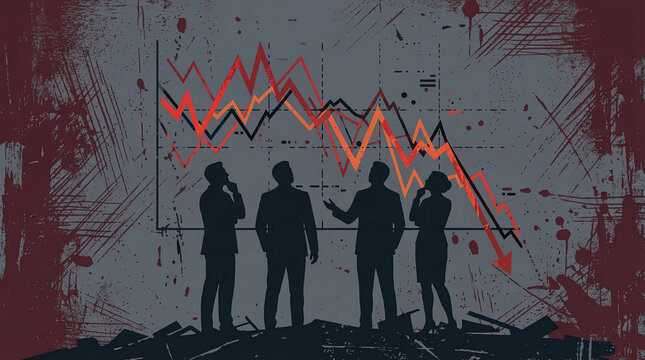 Business people discuss about the financial crisis and stock market decline against an abstract background.