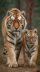Obraz premium Majestic Tiger Walking with Cub in Natural Forest Wildlife Background Photo.
