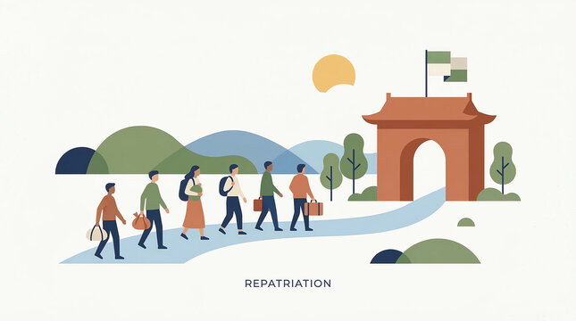An illustration depicts people on a journey, symbolizing repatriation to a historical gate, filled with hope and aspiration