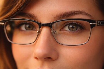 Fototapeta premium Woman wearing black glasses, close-up face, brown eyes, looking straight