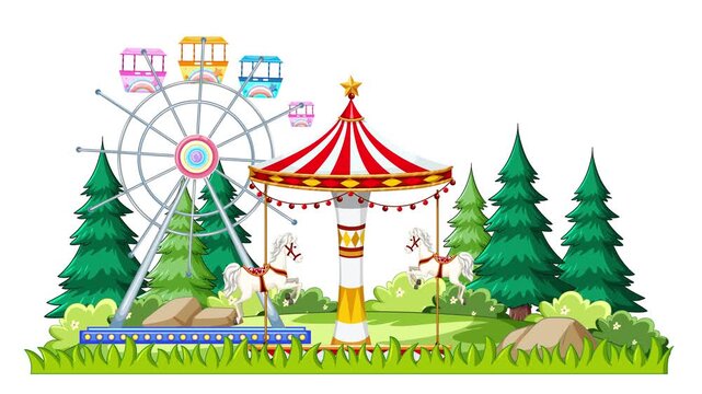 Animated Amusement Park Scene with Ferris Wheel Carousel and Bouncy Castle