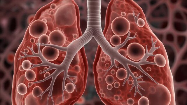 Detailed anatomical illustration of human lungs, trachea branching into bronchi and bronchioles, alveoli clusters depicted, microscopic tissue background, accurate educational rendering of respiratory
