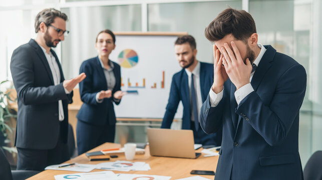 Business team meeting in office after failed presentation with colleagues blaming each other and tense argument atmosphere