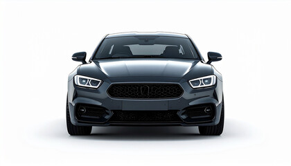 Fototapeta premium frontal de coche deportivo moderno gris oscuro sobre fondo blanco, elegante y potente, concepto de vehículo premium, tecnología, potencia, innovación, velocidad, lujo y transporte moderno