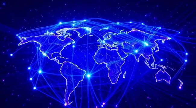 Abstract Blue Fiber Optics Transition to World Map