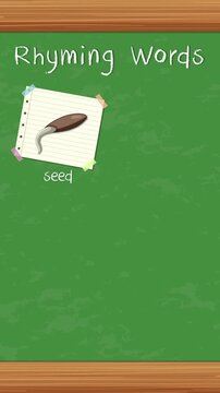 Educational Rhyming Words Animation on Green Chalkboard with Plant and Animal Illustrations