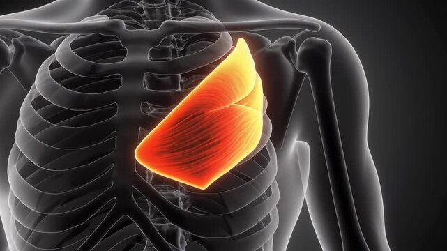 Anatomical 3D Rendering of the Human Sternum Bone Highlighted in Red.