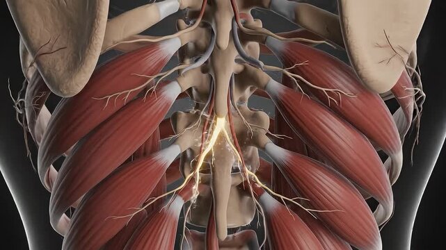 Detailed 3D Animation of Human Lumbar Spine Nerves and Muscles.