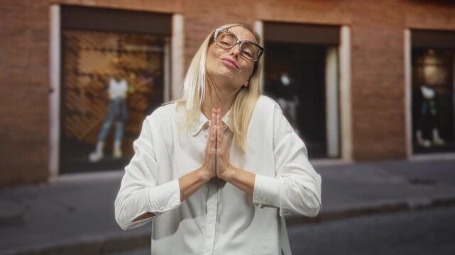 Woman presses hands together in a prayer gesture, wearing white blouse and large glasses, standing on a city street in front of a shop building; hopeful plea.