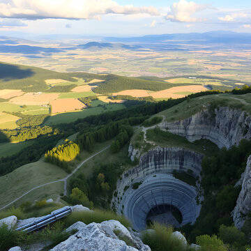 Great landscape on the Padana plain in summer time and the concrete quarry. Panorama from Linzone Mountain, Bergamo, Italy.