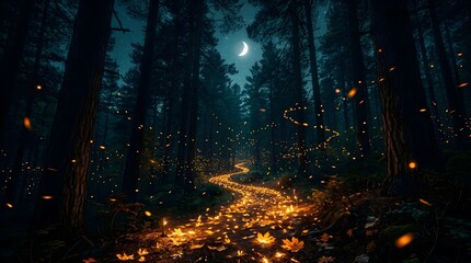 Fototapeta premium Glowing Golden Leaf Trail Amidst a Mysterious Night Forest with Fireflies: A Magical 8K Scenery of High-Level Digital Art Perfect for Wallpapers and Unique Graphic Design.